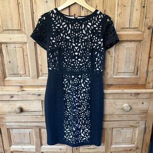 Maeve‎ 6 Black Laser Cut Dress Cream Short Sleeve Layered Anthropologie LBD